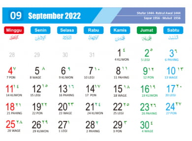 Kalender Jawa Bulan September 2022