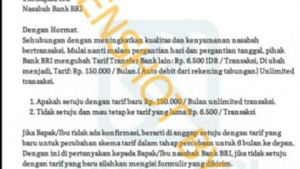 Beredar melalui pesan berantai di media sosial Whatsapp, sebuah hasil tangkapan layar surat edaran dari Bank Rakyat Indonesia (BRI).