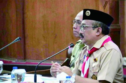 Ketua Kwarcab Gerakan Pramuka Kabupaten Purbalingga, Tri Gunawan Setiyadi saat Rakor di Graha Adiguna Operation Room, komplek Pendapa Dipokusumo Purbalingga, Senin 14 Agustus 2023.