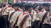Anggota Pramuka di Purbalingga melaksanakan Apel Besar Pramuka dalam rangka Hari Pramuka ke 62, di alun alun Purbalingga, Senin 9 Oktober 2023. Foto: Bidang Humas dan Informatika Kwarcab Purbalingga