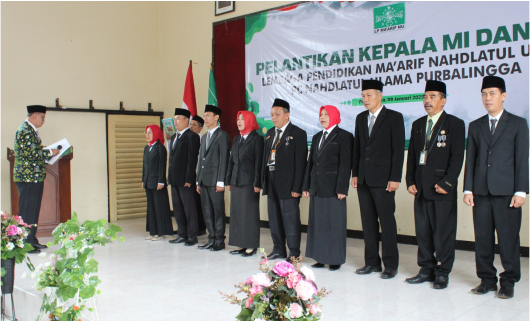 Ketua Lembaga Pendidikan Maarif Nahdlatul Ulama (LP Maarif NU), Kabupaten Purbalingga H. Torik Jahidin, S.Pd.I., M.Pd.I melantik 7 Kepala Madrasah Ibtidaiyah (MI) dan 2 Kepala Madrasah Tsanawiyah (MTs) Maarif NU, di gedung Dekopinda, Purbalingga, Kamis 9 Januari 2025.