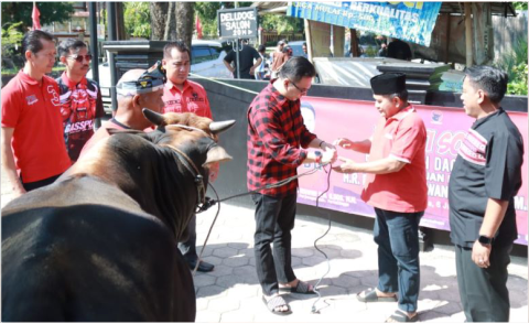 Ketua DPRD Kabupaten Purbalingga, HR Bambang Irawan menyerahkan satu ekor sapi kurban kepada pengurus DPC PDIP Purbalingga, di halaman Panti Marhaen Purbalingga, Jum'at 6 Juni 2025.