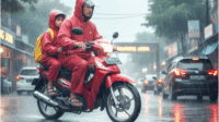 Mengantar Sekolah Saat Hujan Pakai Sepeda Motor Mengantar Sekolah Saat Hujan Pakai Sepeda Motor