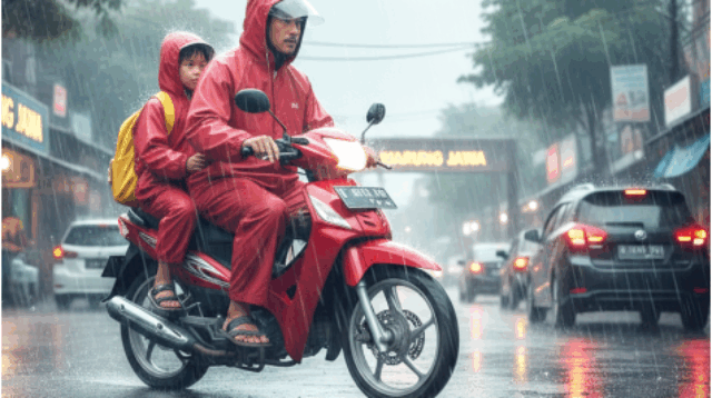 Mengantar Sekolah Saat Hujan Pakai Sepeda Motor