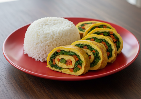 Nasi dan Telur Dadar Gulung Isi Sayur Nasi dan Telur Dadar Gulung Isi Sayur