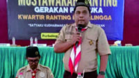Rakhmat memberikan kata pertama usai terpilih menjadi Ketua Kwartir Ranting (Kwarran) Purbalingga masa bakti 2026–2028 dalam Musyawarah Ranting (Musran) 2026 pada Gedung PGRI Purbalingga, Rabu 29 April 2026.