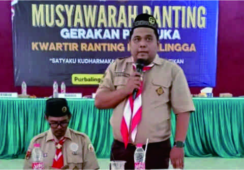 Rakhmat memberikan kata pertama usai terpilih menjadi Ketua Kwartir Ranting (Kwarran) Purbalingga masa bakti 2026–2028 dalam Musyawarah Ranting (Musran) 2026 pada Gedung PGRI Purbalingga, Rabu 29 April 2026.