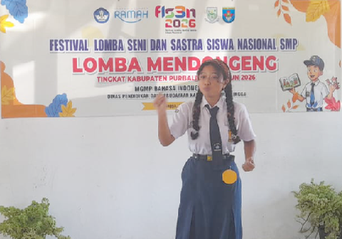 Peserta mengikuti mata lomba mendongeng dalam Festival Lomba Seni dan Sastra Siswa Nasional (FLS3N) Jenjang SMP Kabupaten Purbalingga Tahun 2026 di SMP Negeri 1 Kalimanah, Senin 18 Mei 2026.