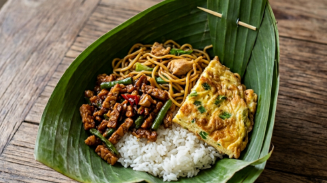 Nasi Tempelang khas kabupaten Kebumen yang terdiri dari nasi, oseng tempe, mi, dan telur dadar