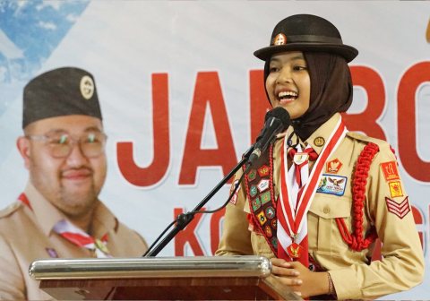 Pemimpin Regu Sakura Kontingen Jamnas XII tahun 2026 Kwarcab Purbalingga, Queen Annisa Almadina Kurniawan.