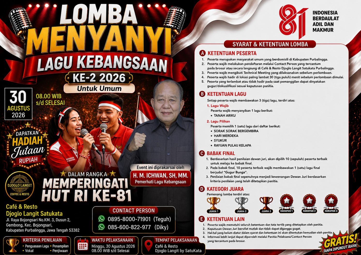 Rayakan HUT RI ke-81, Cafe & Resto Djoglo Langit Satukata Purbalingga Gelar Lomba Menyanyi Lagu Kebangsaan Rayakan HUT RI ke-81, Cafe & Resto Djoglo Langit Satukata Purbalingga Gelar Lomba Menyanyi Lagu Kebangsaan