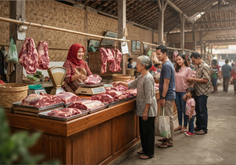 Pedagang daging di pasar tradisional. Sumber Foto Ilustrasi: Google AI Plus Pedagang daging di pasar tradisional. Sumber Foto Ilustrasi: Google AI Plus