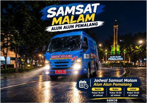Samsat Malam Pemalang buka layanan di Alun-Alun mulai pukul 19.00 WIB untuk mempermudah pembayaran pajak kendaraan bermotor warga.