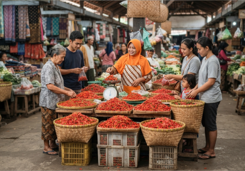 Pedangan cabai rawit sedang melayani para pembeli walaupun harga cabai rawit di Kabupaten Banyumas kembali naik dalam dua pekan terakhir. Sumber Foto Ilustrasi: Google AI Plus