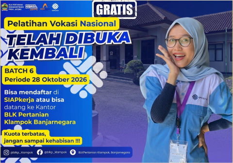 Pelatihan Vokasi Nasional Batch 6 di Banjarnegara buka pendaftaran gratis. Segera daftar melalui SIAPKerja sebelum kuota habis.