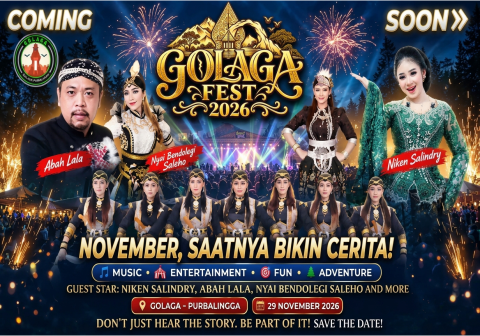 Golaga Fest 2026 siap hadir di wisata Goa Lawa Purbalingga pada 29 November dengan penampilan meriah Niken Salindry dan Abah Lala.