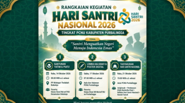 PCNU Purbalingga merilis Rangkaian Kegiatan Hari Santri 2026 yang diisi santunan yatim, lomba kreatif murid , serta tasyakuran malam puncak.