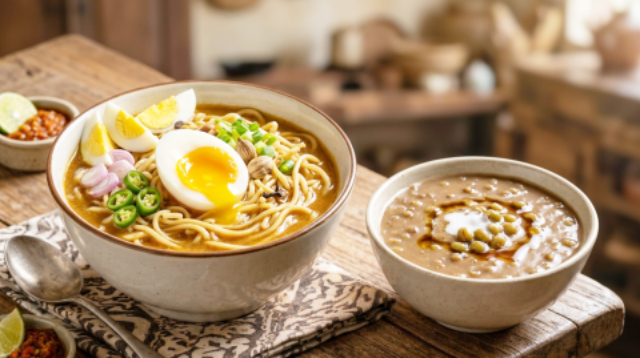 Mie Rebus Telor dan Bubur Kacang Hijau. Foto: Gemini AI_Yoga Tri Cahyono_tabloidelemen.com
