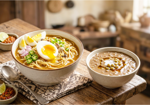Mie Rebus Telor dan Bubur Kacang Hijau. Foto: Gemini AI_Yoga Tri Cahyono_tabloidelemen.com