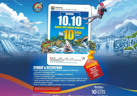 Owabong Waterpark menghadirkan promo tiket Owabong 10.10 seharga Rp10.000 khusus warga Purbalingga, Banyumas, Banjarnegara, Cilacap, dan Kebumen pada 10 Oktober 2026.