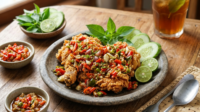 Ayam geprek dengan baluran sambal korek mentah menempati urutan pertama pilihan favorit masyarakat. Daging ayam renyah berbumbu gurih menyatu sempurna bersama pedasnya ulekan cabai rawit dan bawang putih.