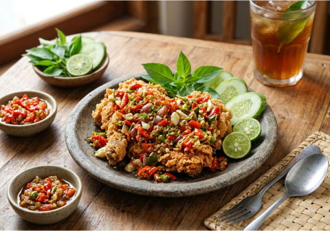 Ayam geprek dengan baluran sambal korek mentah menempati urutan pertama pilihan favorit masyarakat. Daging ayam renyah berbumbu gurih menyatu sempurna bersama pedasnya ulekan cabai rawit dan bawang putih.
